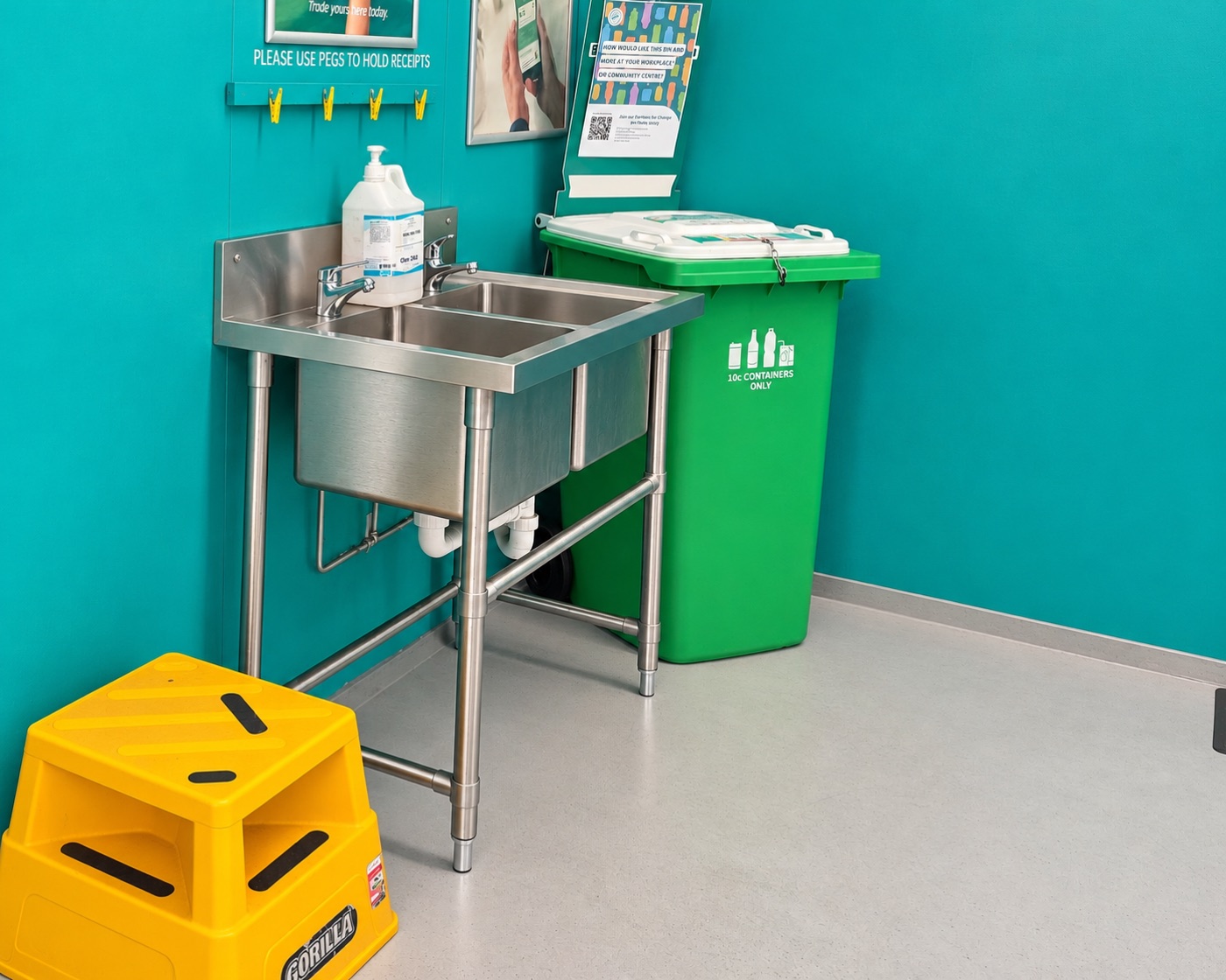 Customer hand-wash station at Sandgate Bottle & Can Exchange