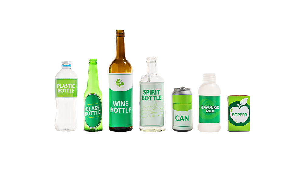 Examples of eligible drink containers including bottles, cans, cartons and poppers.